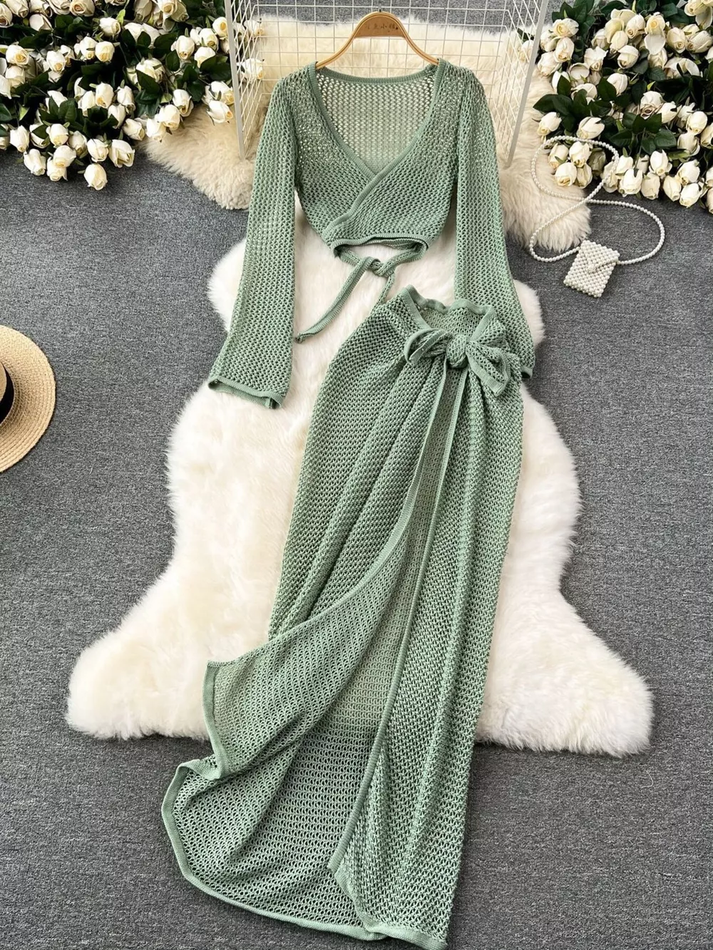 Knitted Crop Top and Slit Skirt Set, image 18
