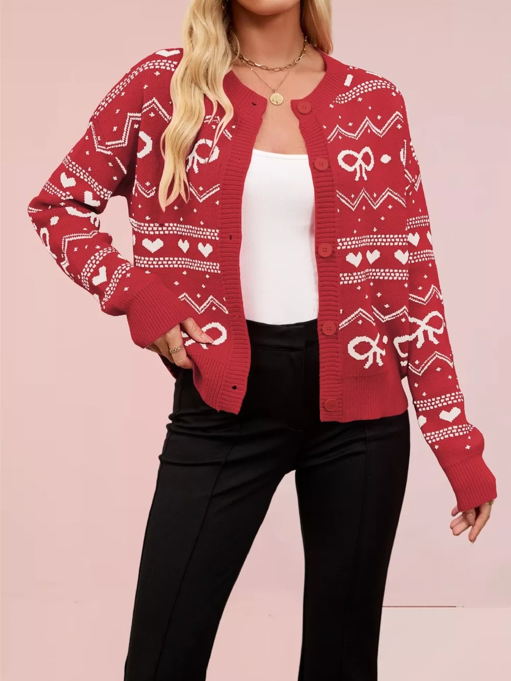 Bow and Heart Pattern Knit Cardigan, image 2