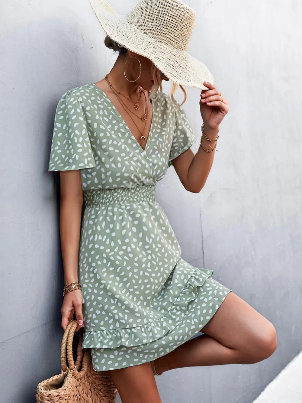 V-Neck Flutter Sleeve Mini Dress, image 6