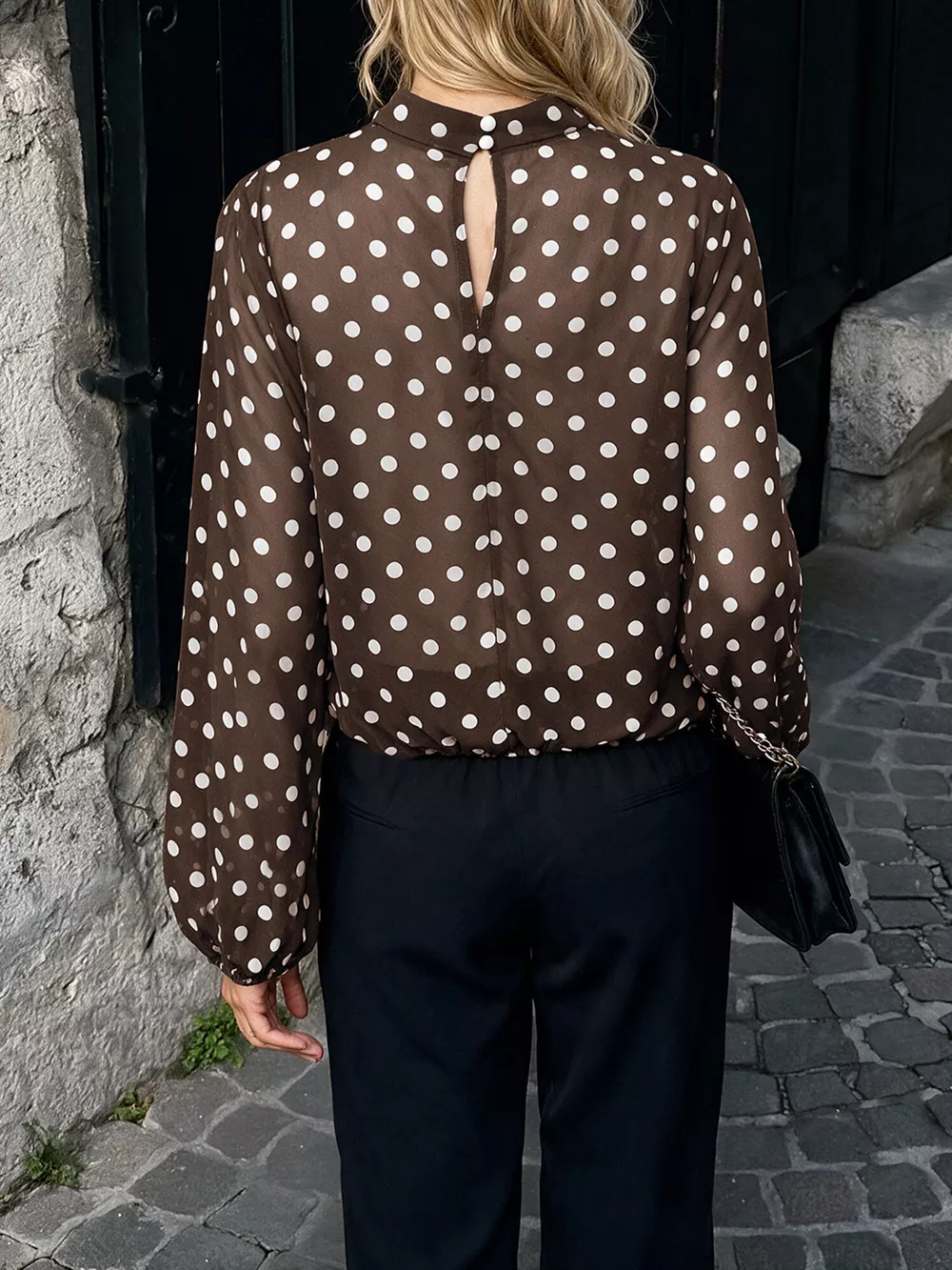 Polka Dot Mock Neck Long Sleeve Blouse, image 11