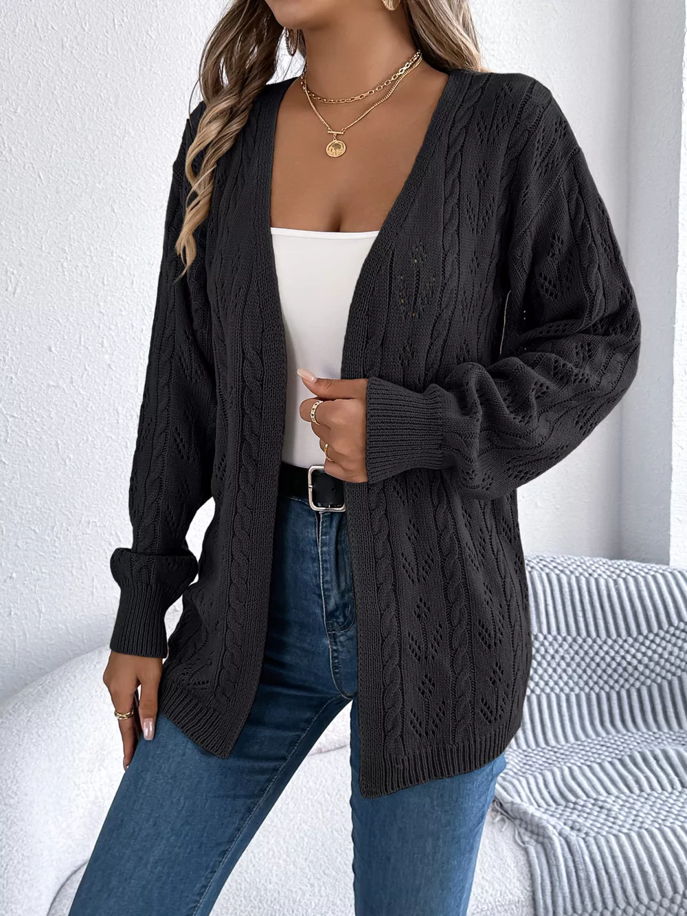 Openwork Open Front Long Sleeve Cardigan, image 10