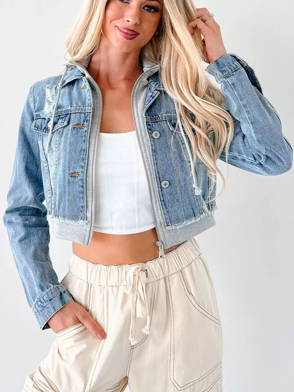 Distressed Zip Up Cropped Hooded Denim Jacket