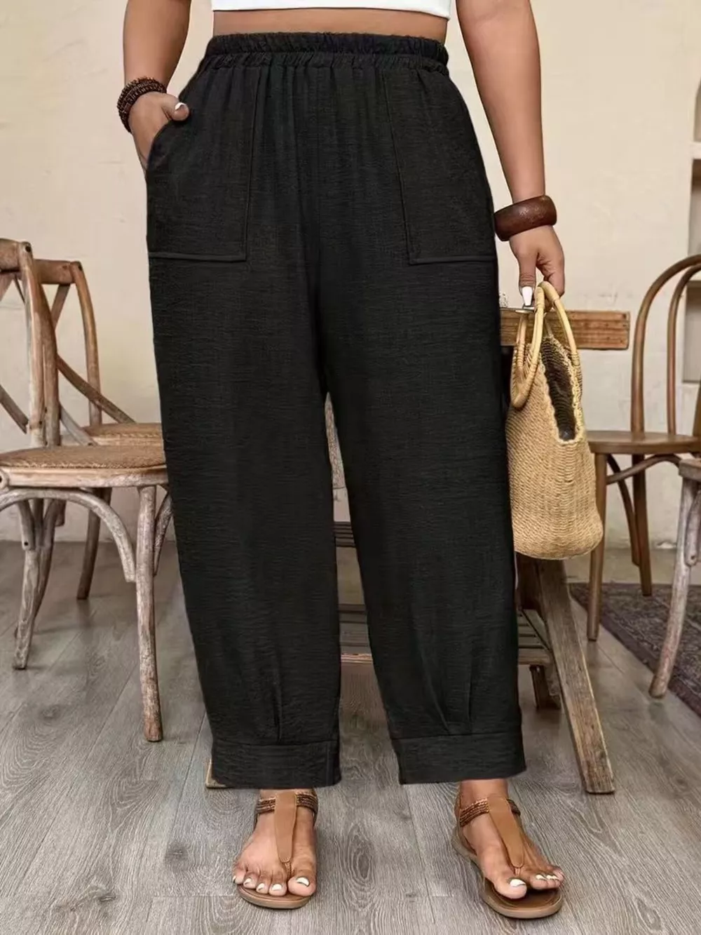 Plus Size High-Waisted Elastic Waist Pants with Pockets, image 12