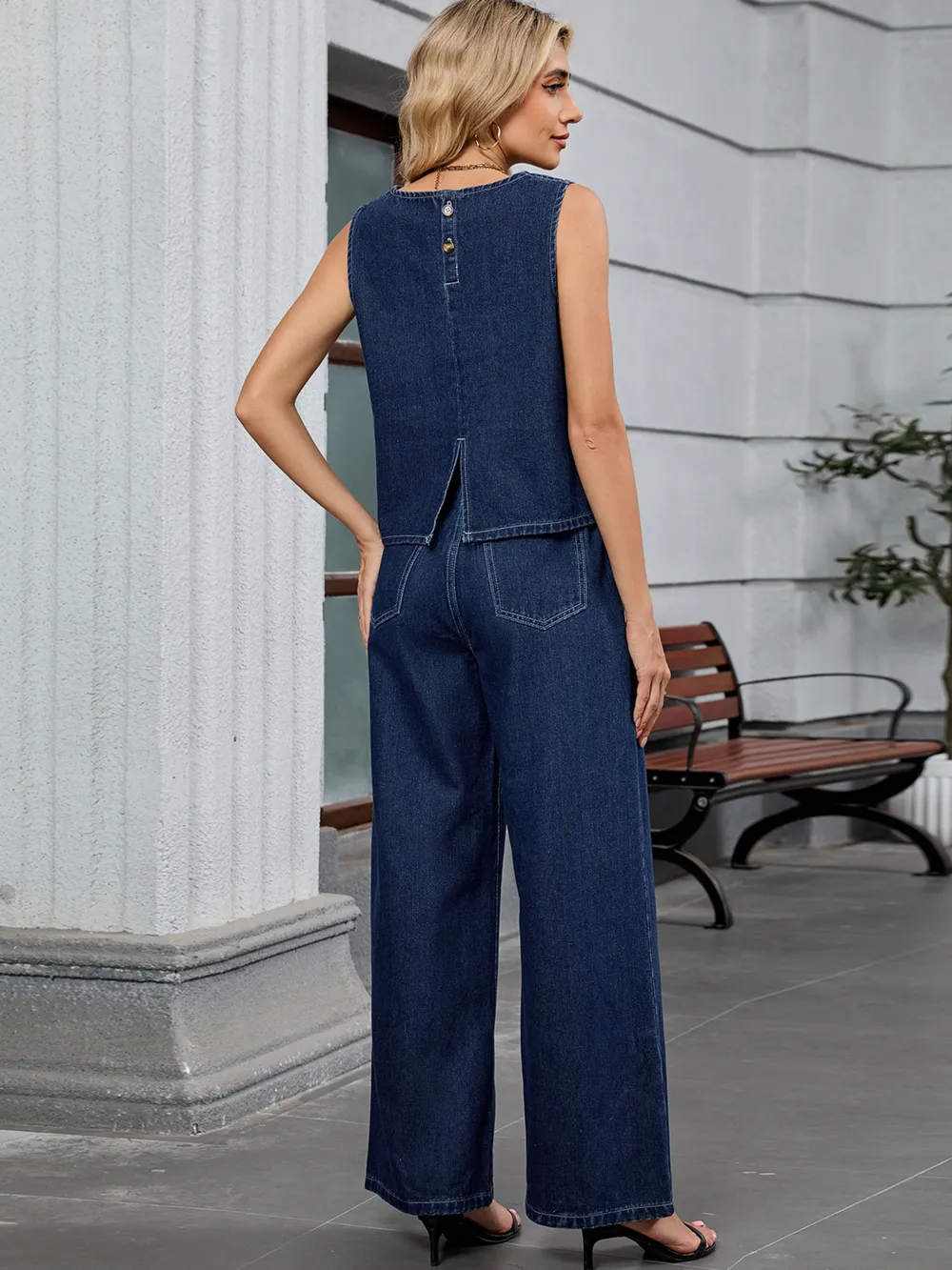 Round Neck Tank and Pants Denim Set, image 5