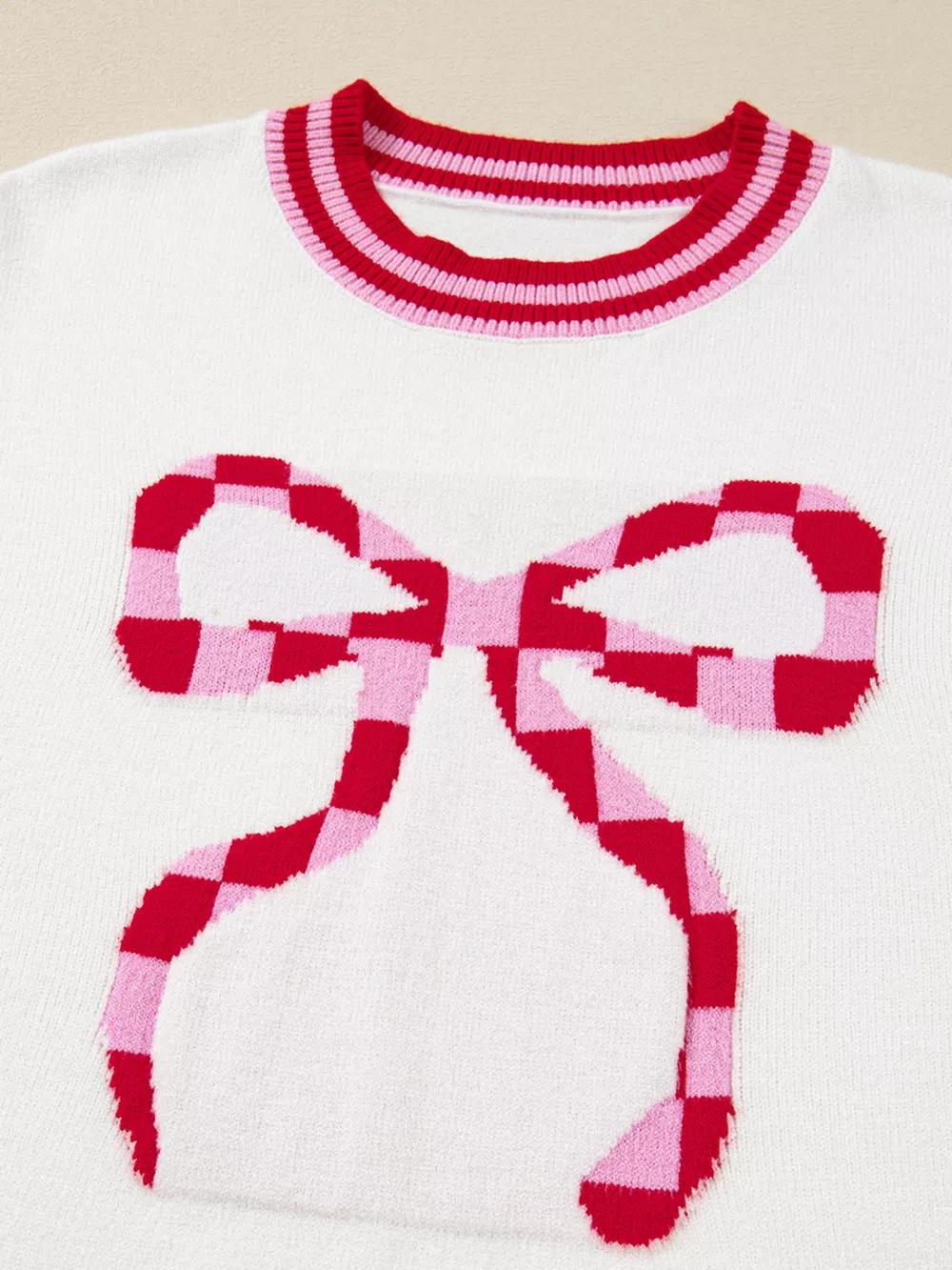 Striped Trim Bow Graphic Round Neck Drop Shoulder Sweater, image 6