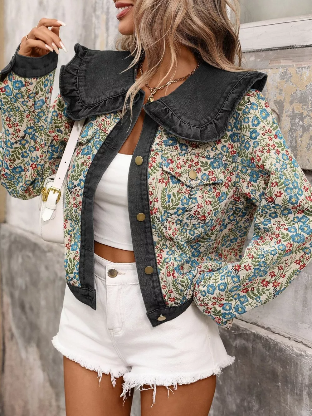 Floral Ruffle Collar Denim Jacket, image 5