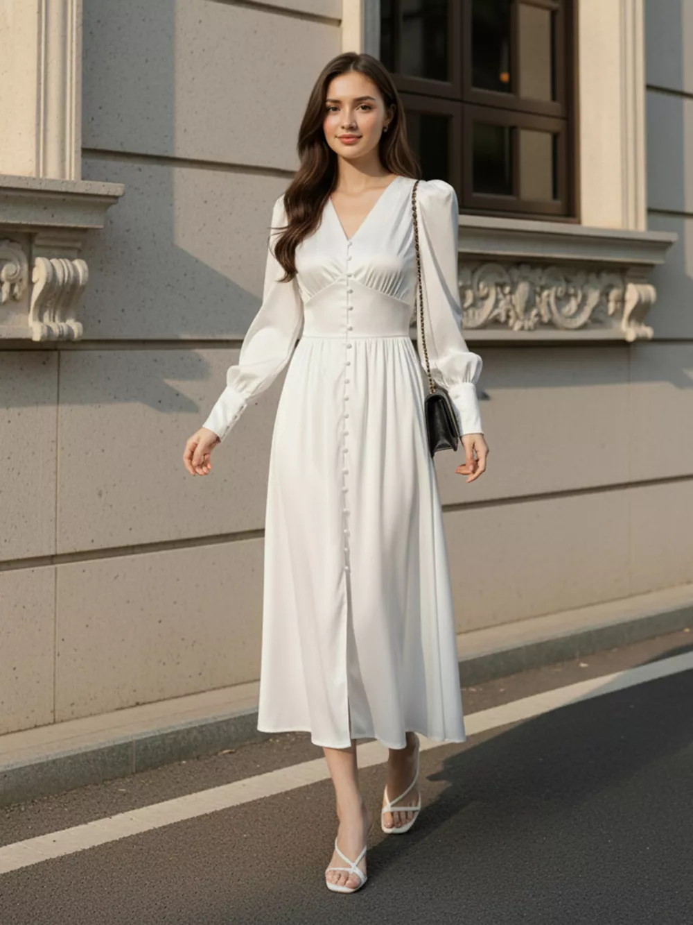V-Neck Lantern Sleeve Midi Dress, image 4