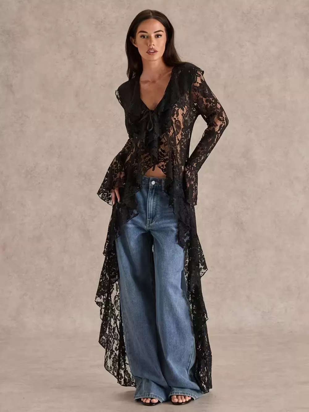Lace Ruffle Trim High-Low Blouse, image 4