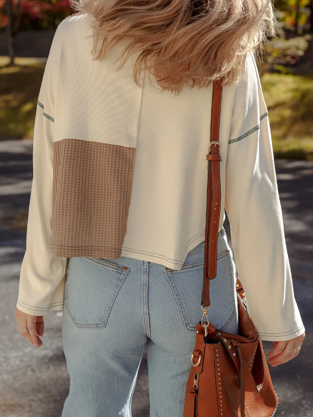 Color Block Waffle Knit Stitch Detail Long Sleeve Top, image 7
