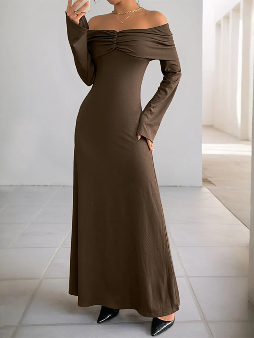 Off-Shoulder Long Sleeve Bodycon Maxi Dress, image 5