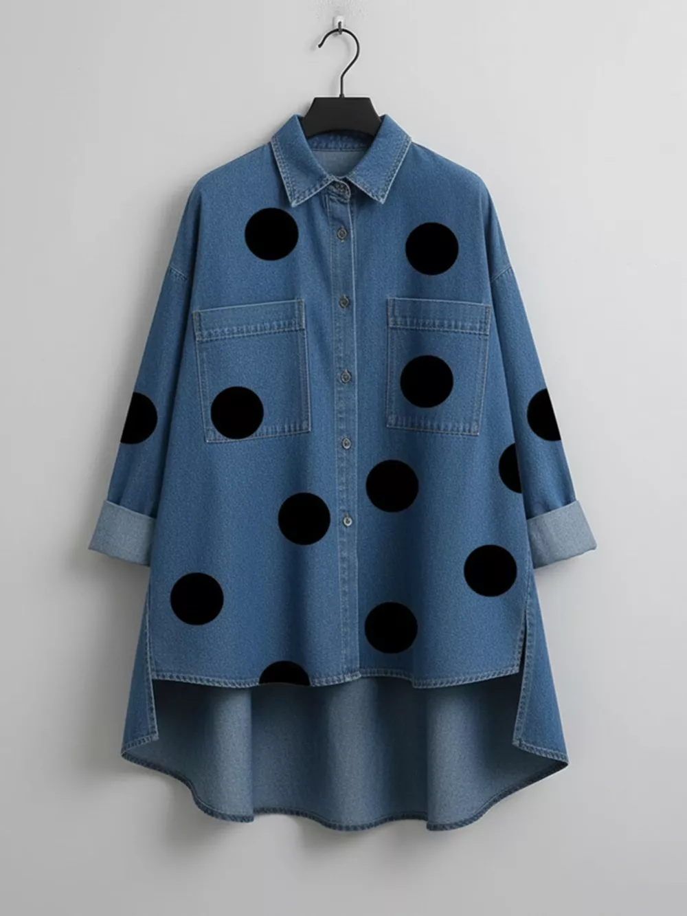 Full Size Polka Dot Oversized Denim Look Shirt Plus Size, image 3