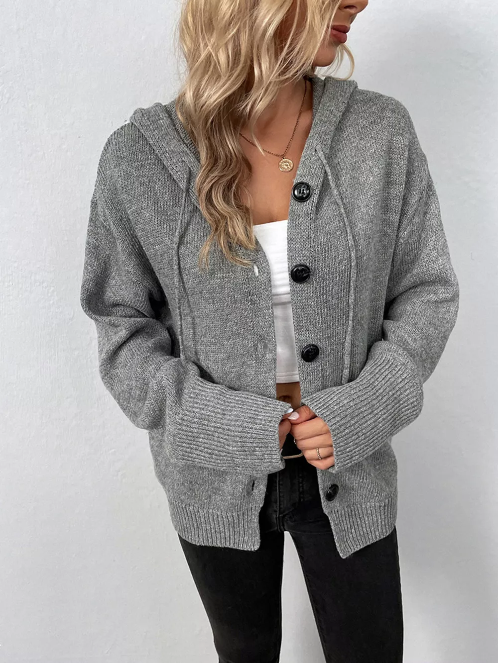 Cozy Knit Hooded Button-Down Cardigan, image 7