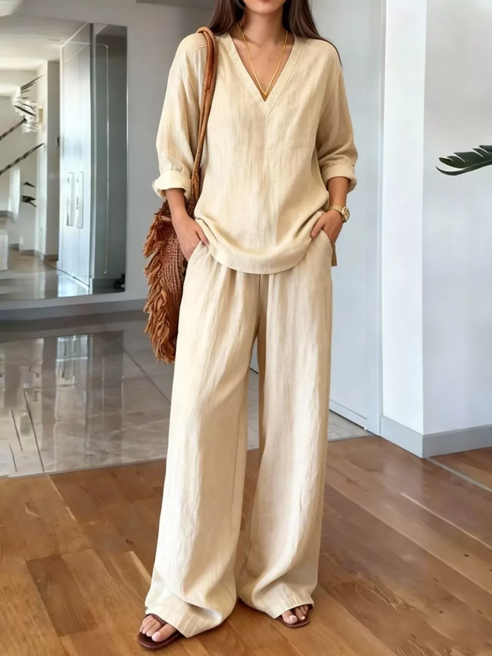 V-Neck Top and Wide-Leg Pants Set, image 4