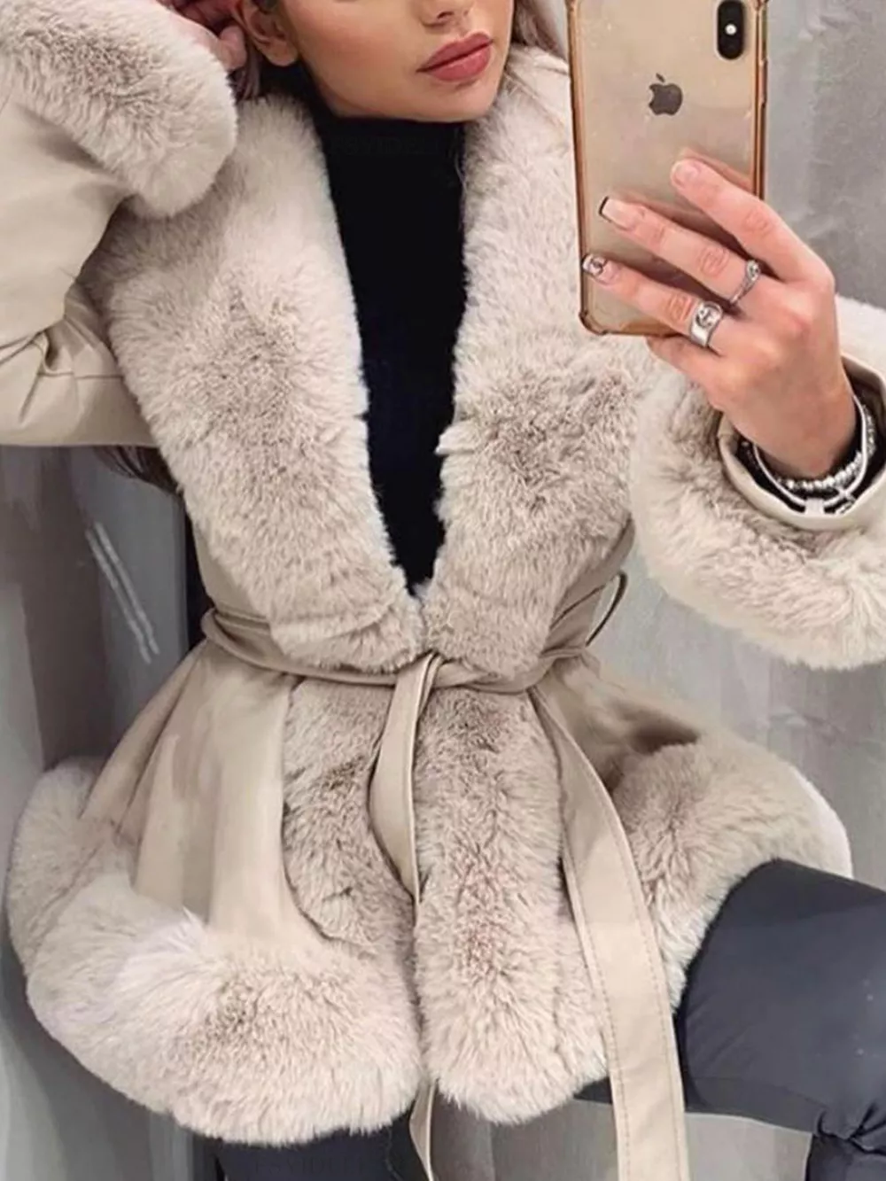 Faux Fur Trimmed Belted Outerwear, image 7