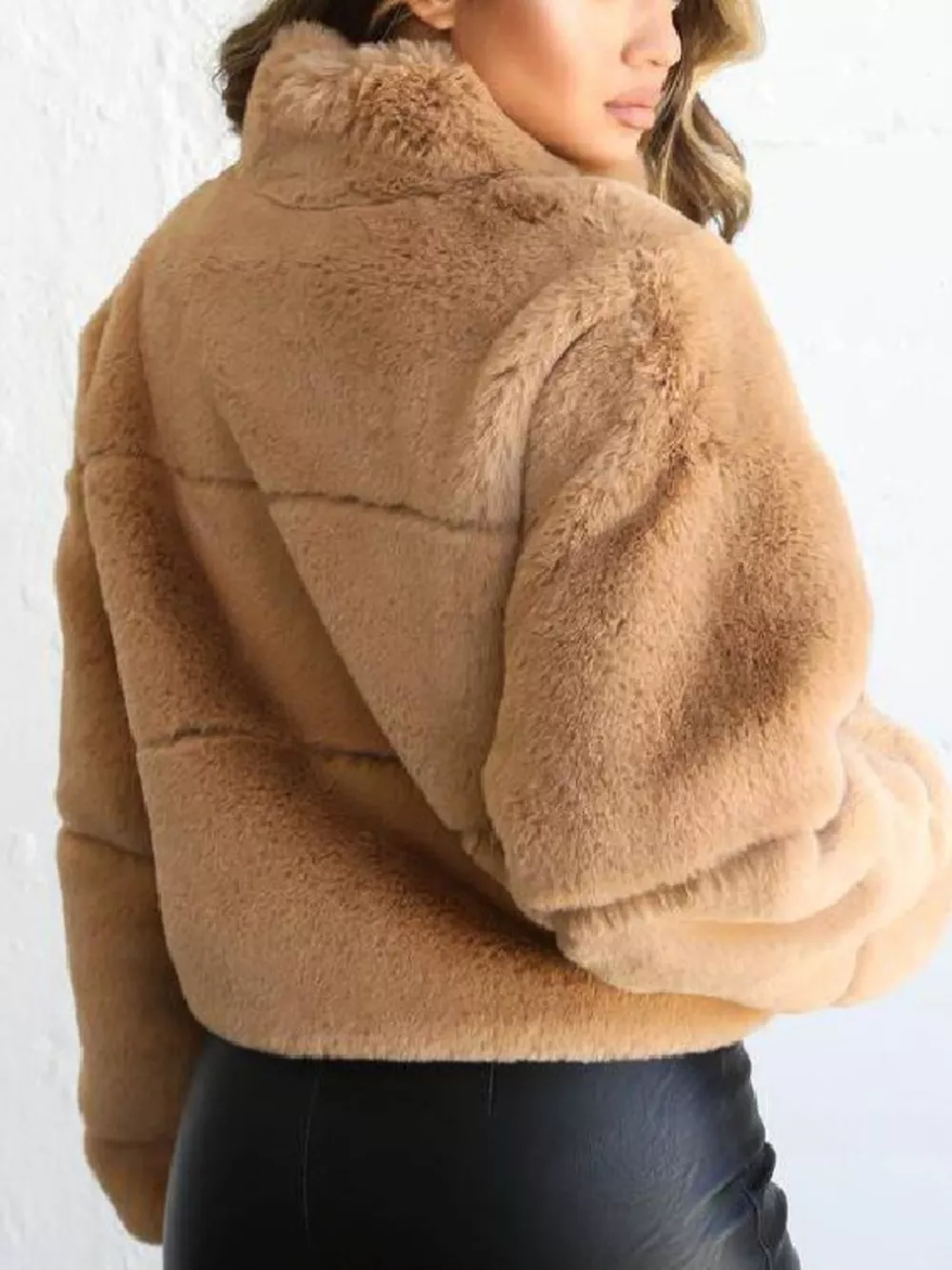 Full Size Faux Fur Cropped Zip-Up Jacket Plus Size, image 3
