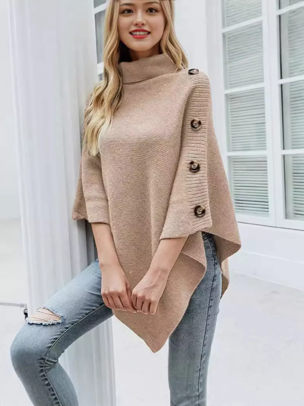 Button-Decor Turtleneck Poncho Pullover
