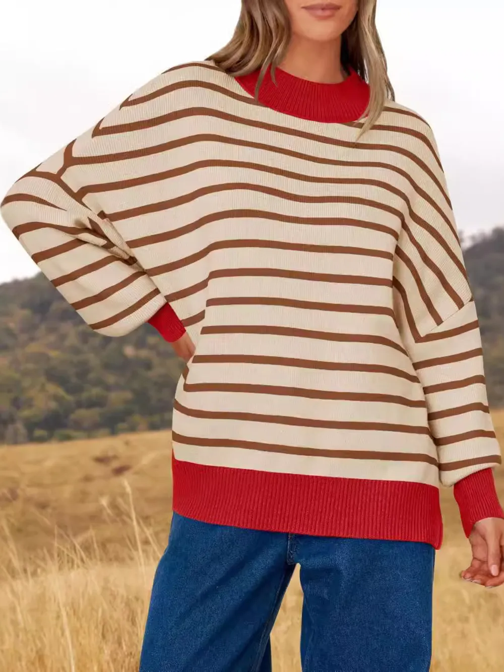 Striped Round Neck Long Sleeve Sweater, image 3