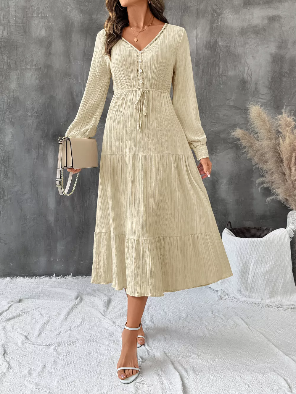 Tiered V-Neck Long Sleeve Dress
