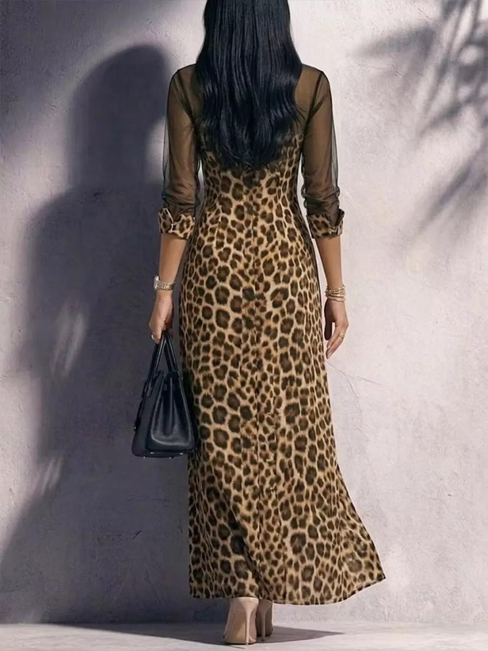 Full Size Leopard Print Sheer Mesh Panel Button-Down Maxi Dress Plus Size, image 2