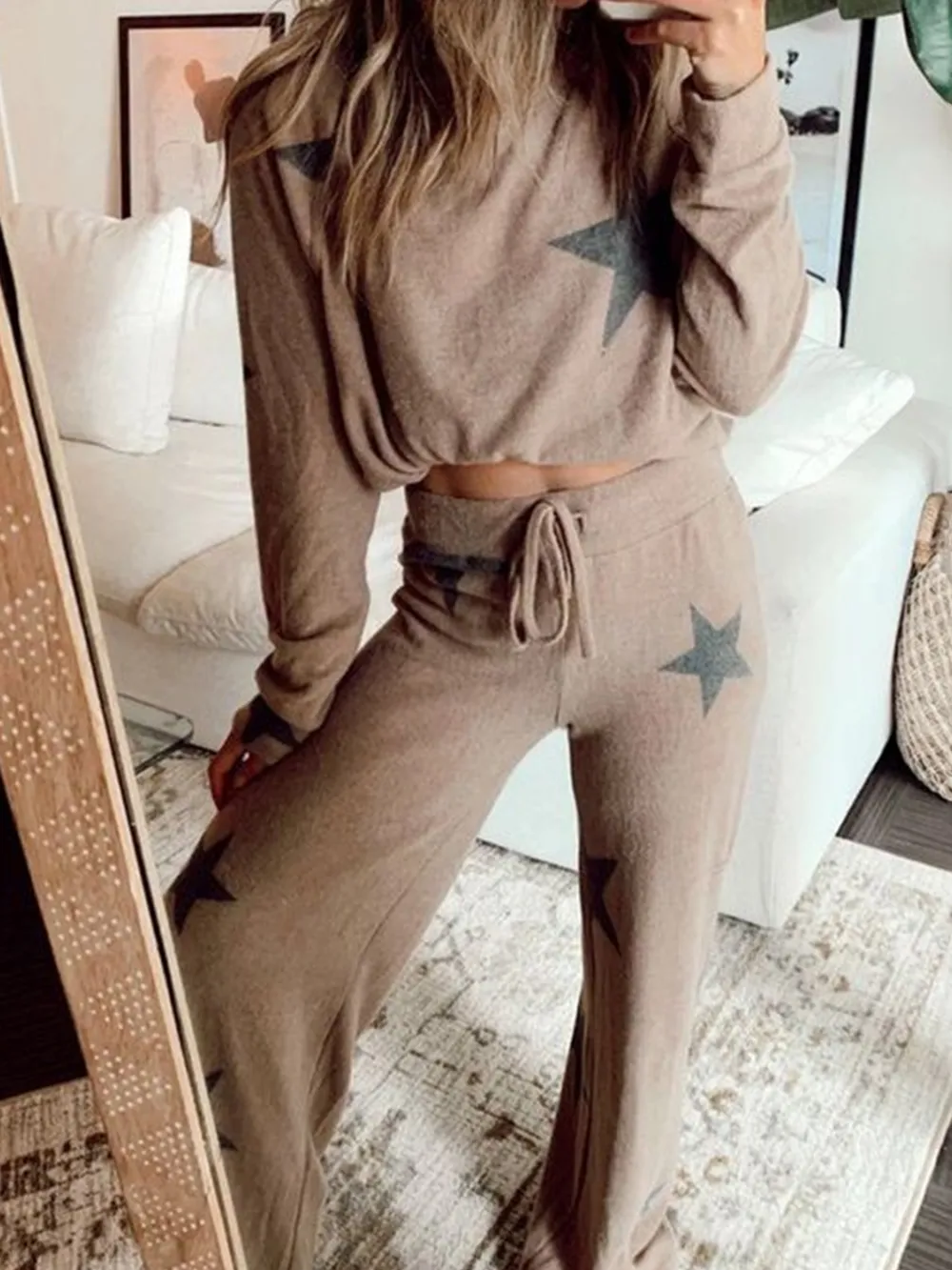 Star Print Top and Drawstring Pants Set