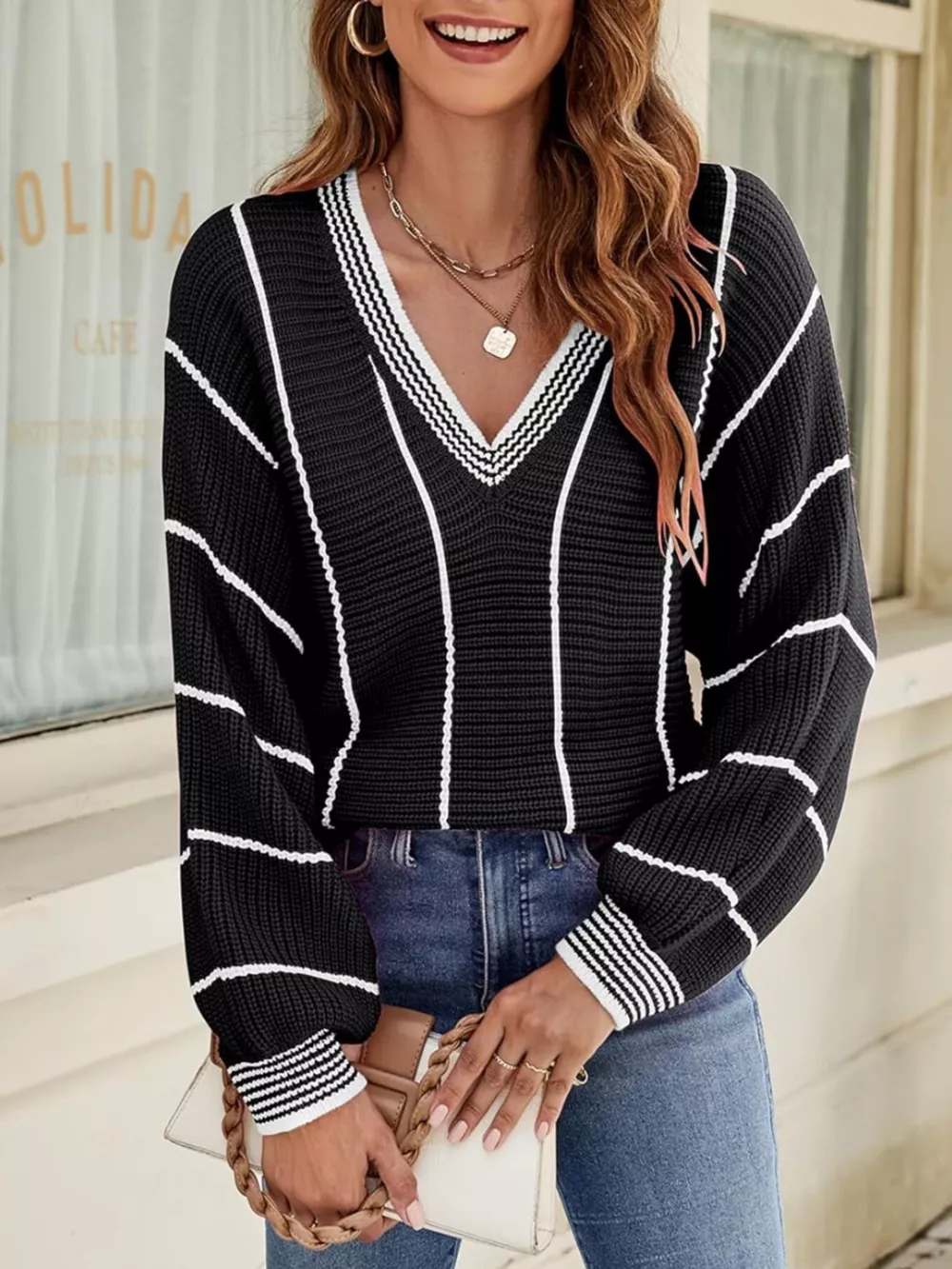 V-Neck Striped Contrast Sweater, image 6