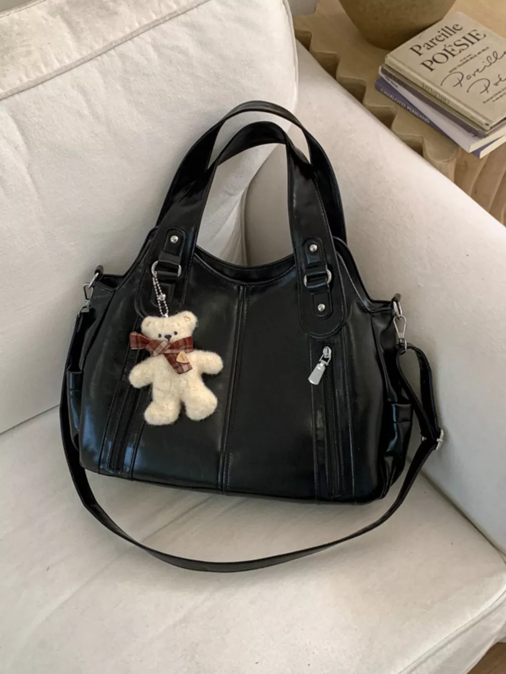 Leather Shoulder Bag with Bear Charm, image 3