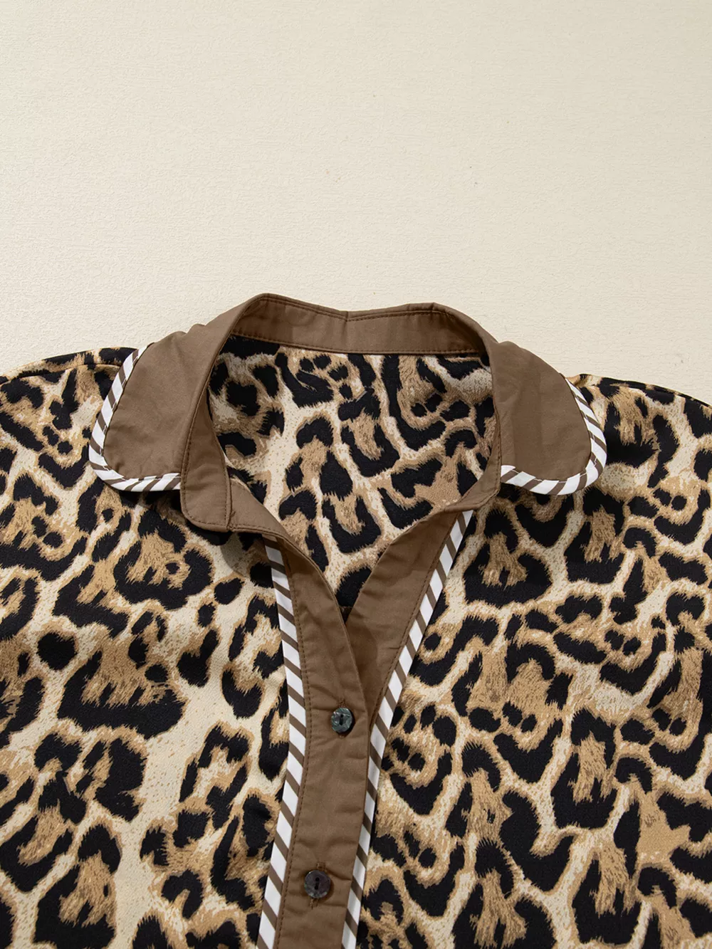 Leopard Collared 3/4 Sleeve Shirt and Loose Pants Two Piece Outfit Set, image 7