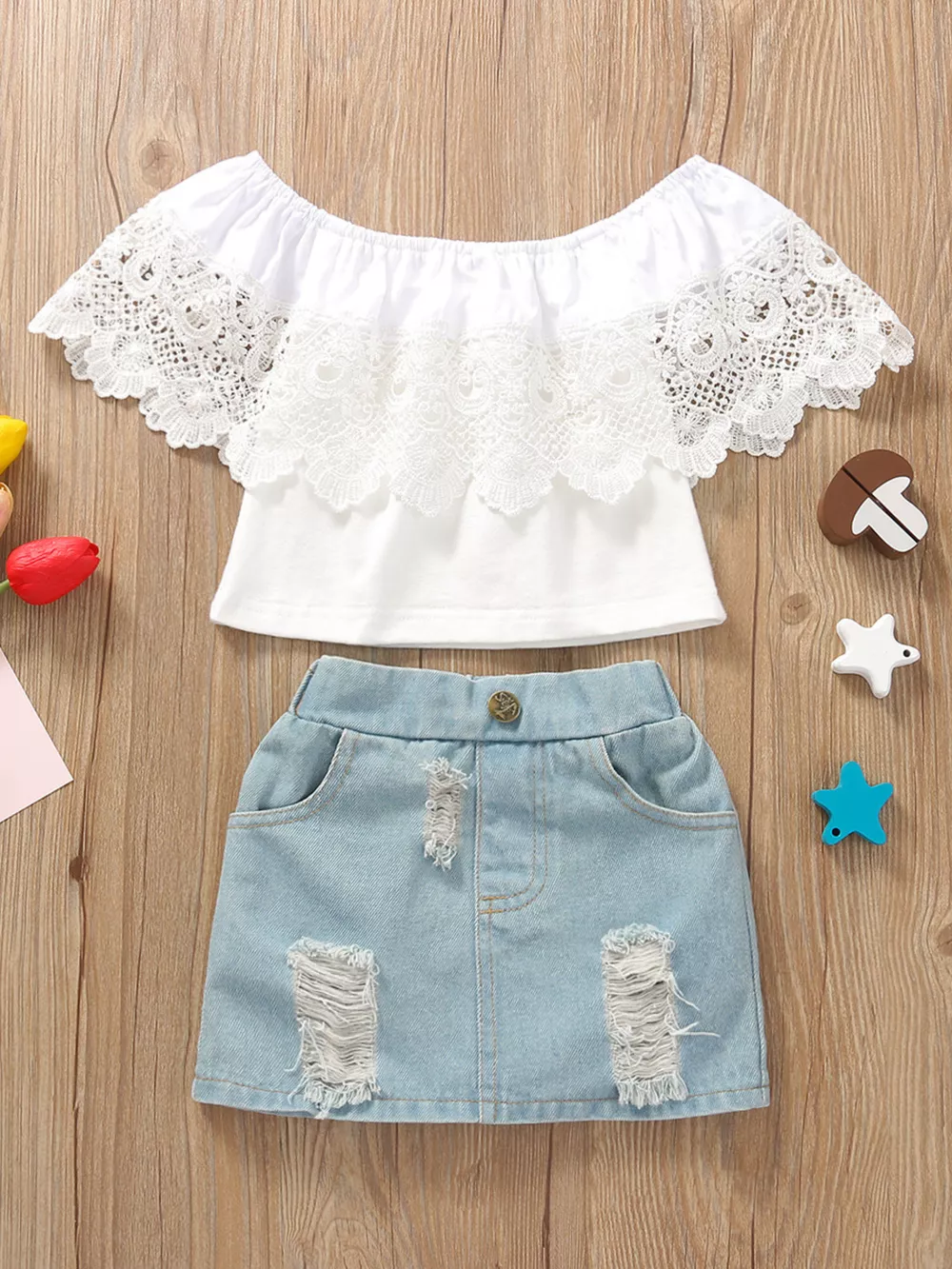 Children's Off-Shoulder Lace Top and Denim Skirt Set, image 2