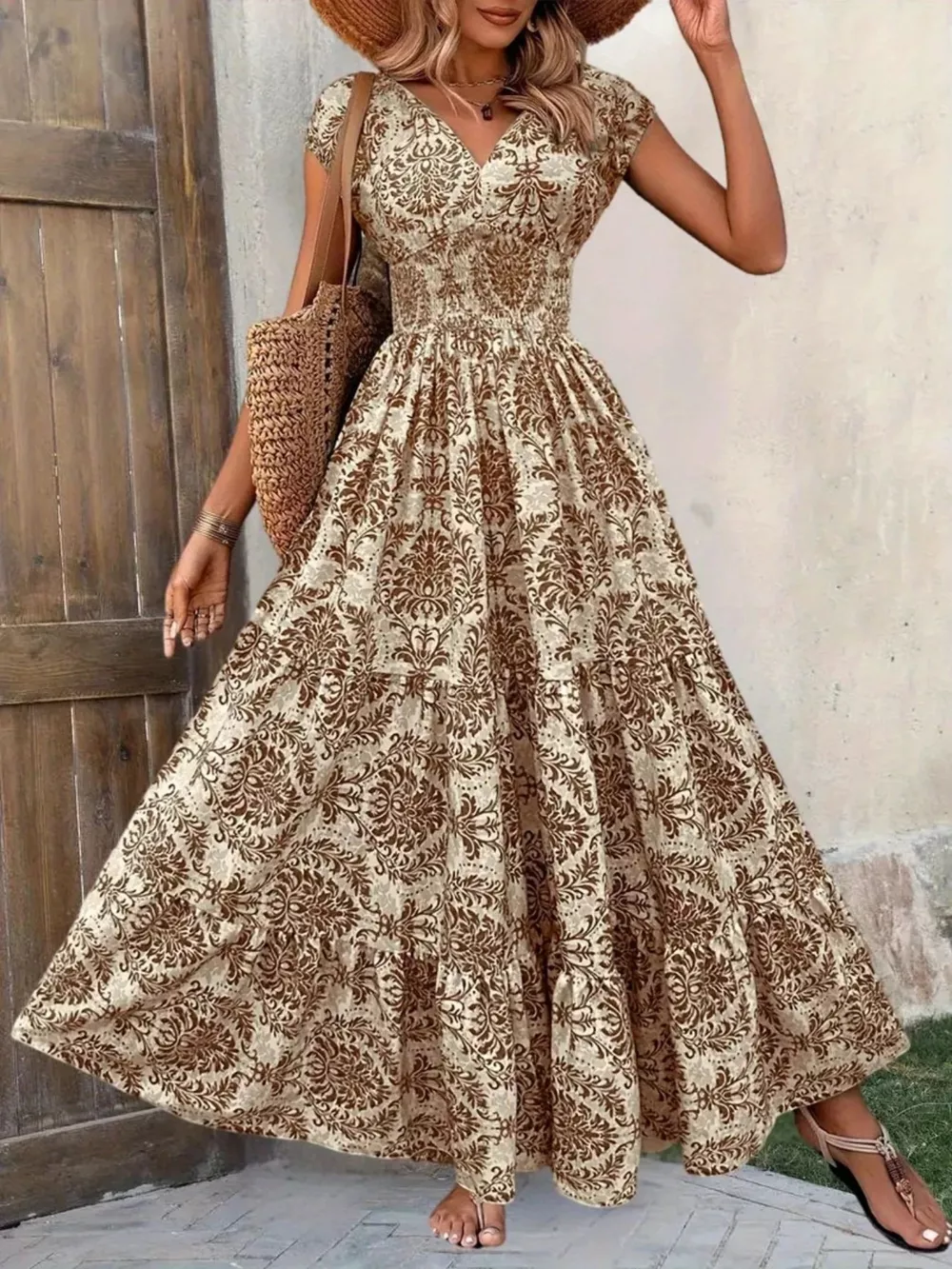 Printed Cap Sleeve Maxi Dress, image 13