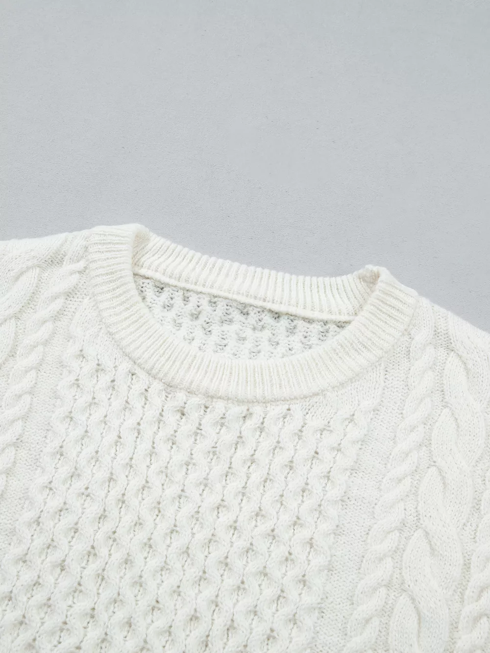 Solid Color Cable Detail Knit Loose Round Neck Sweater, image 14