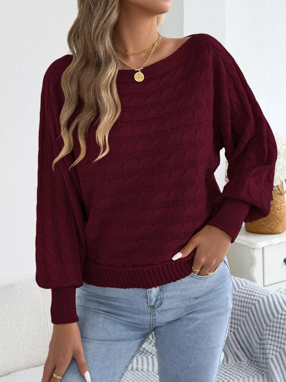 Cable Knit Boat Neck Sweater, image 16