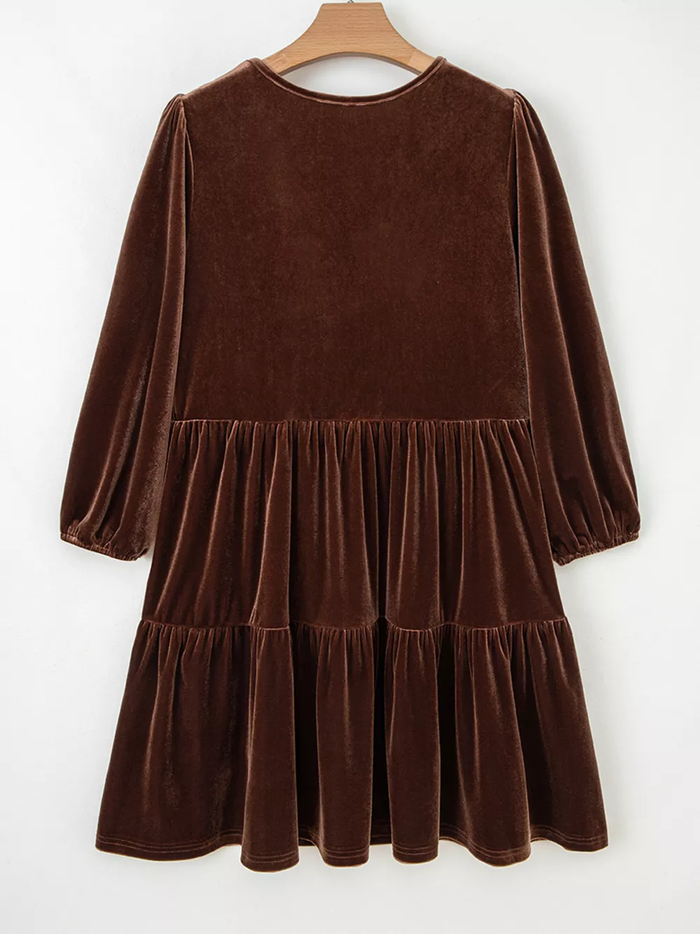 Solid Color Velvet V Neck Long Sleeve Tiered Mini Dress, image 4