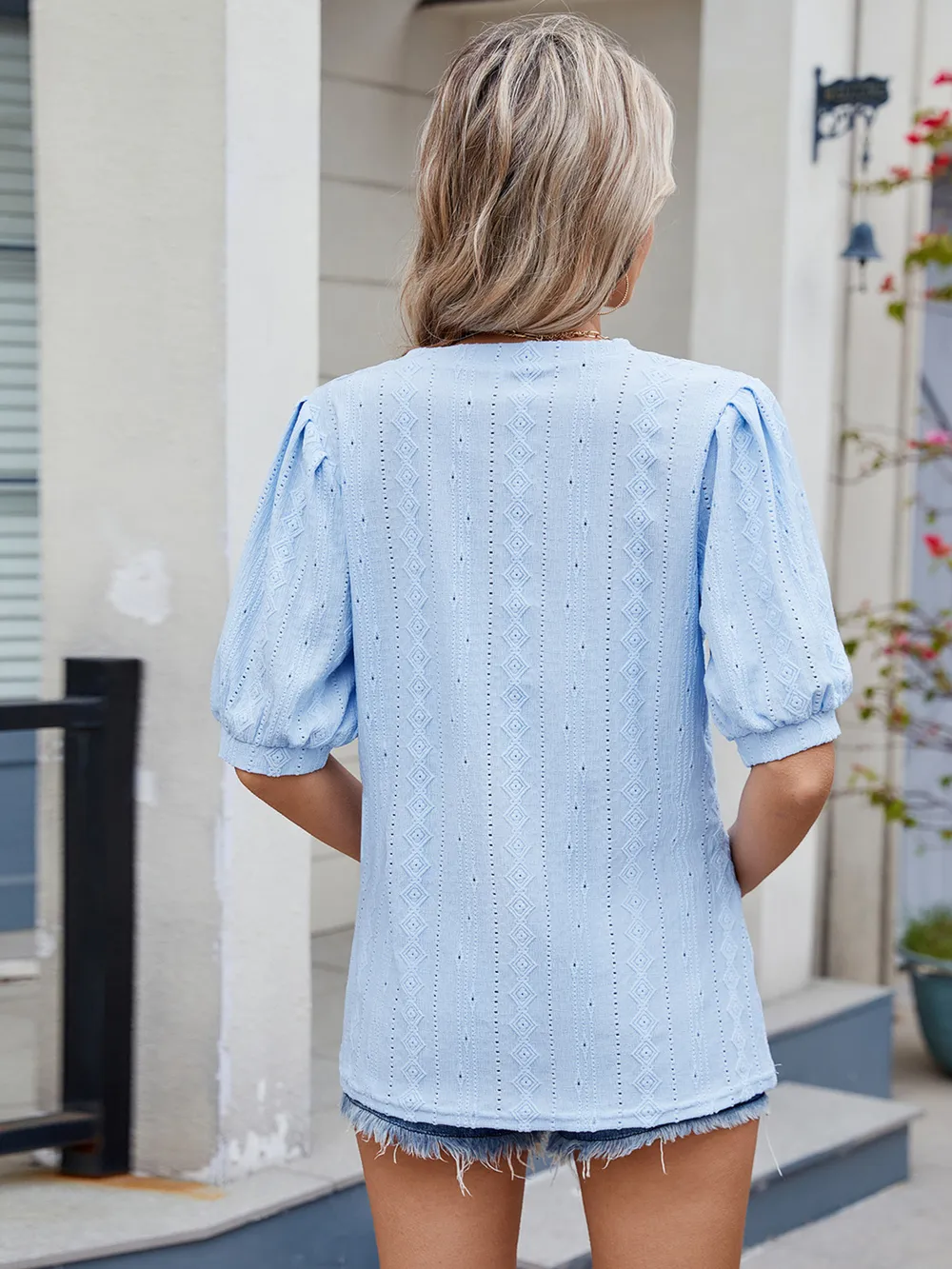 Eyelet V-Neck Puff Sleeve Casual Top, image 12