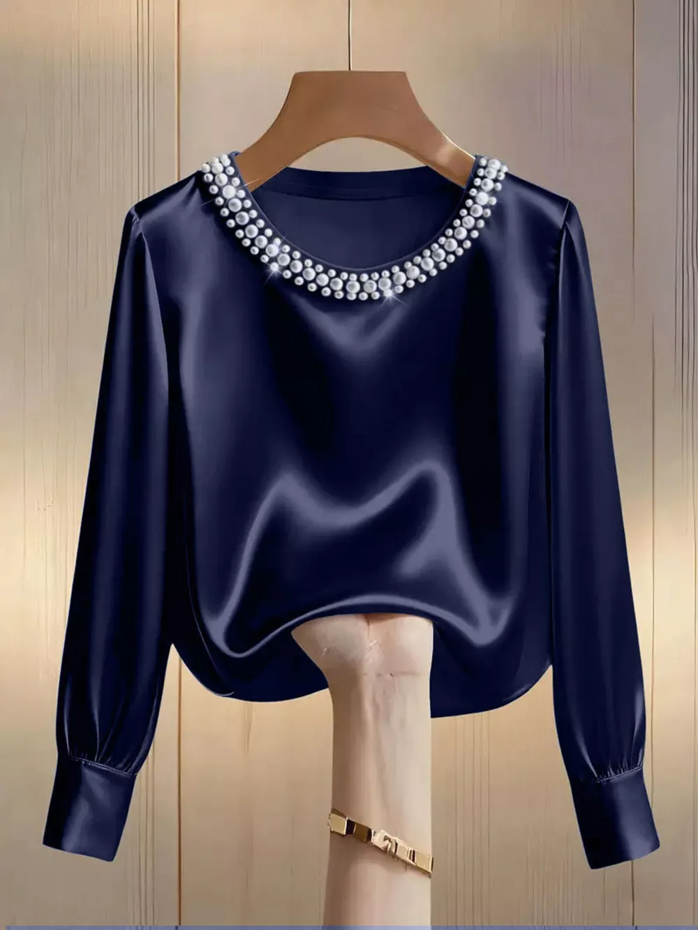 Pearl Trim Round Neck Silk Blouse, image 13