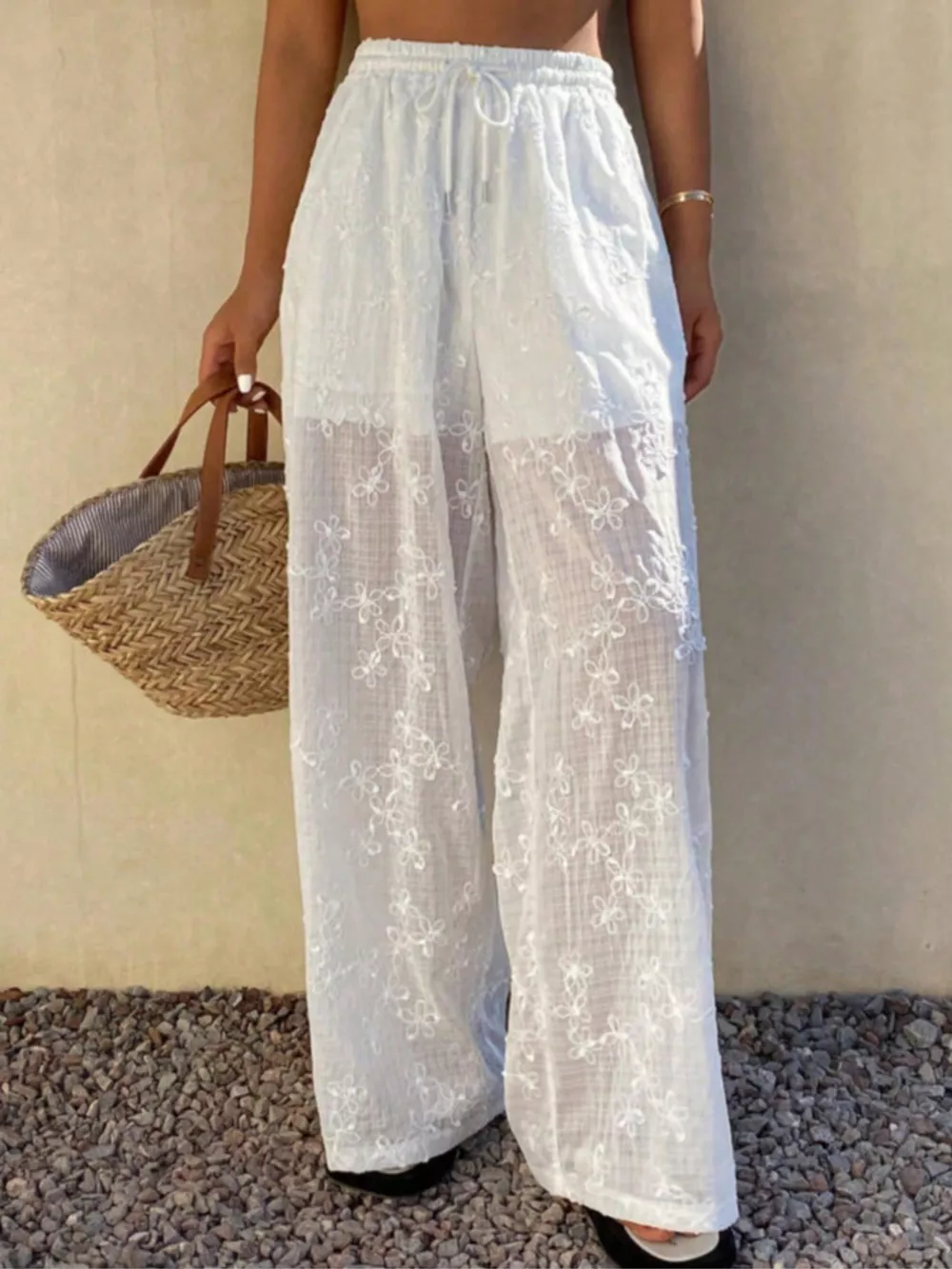 High-Waisted Sheer Floral Embroidered Wide-Leg Pants, image 3