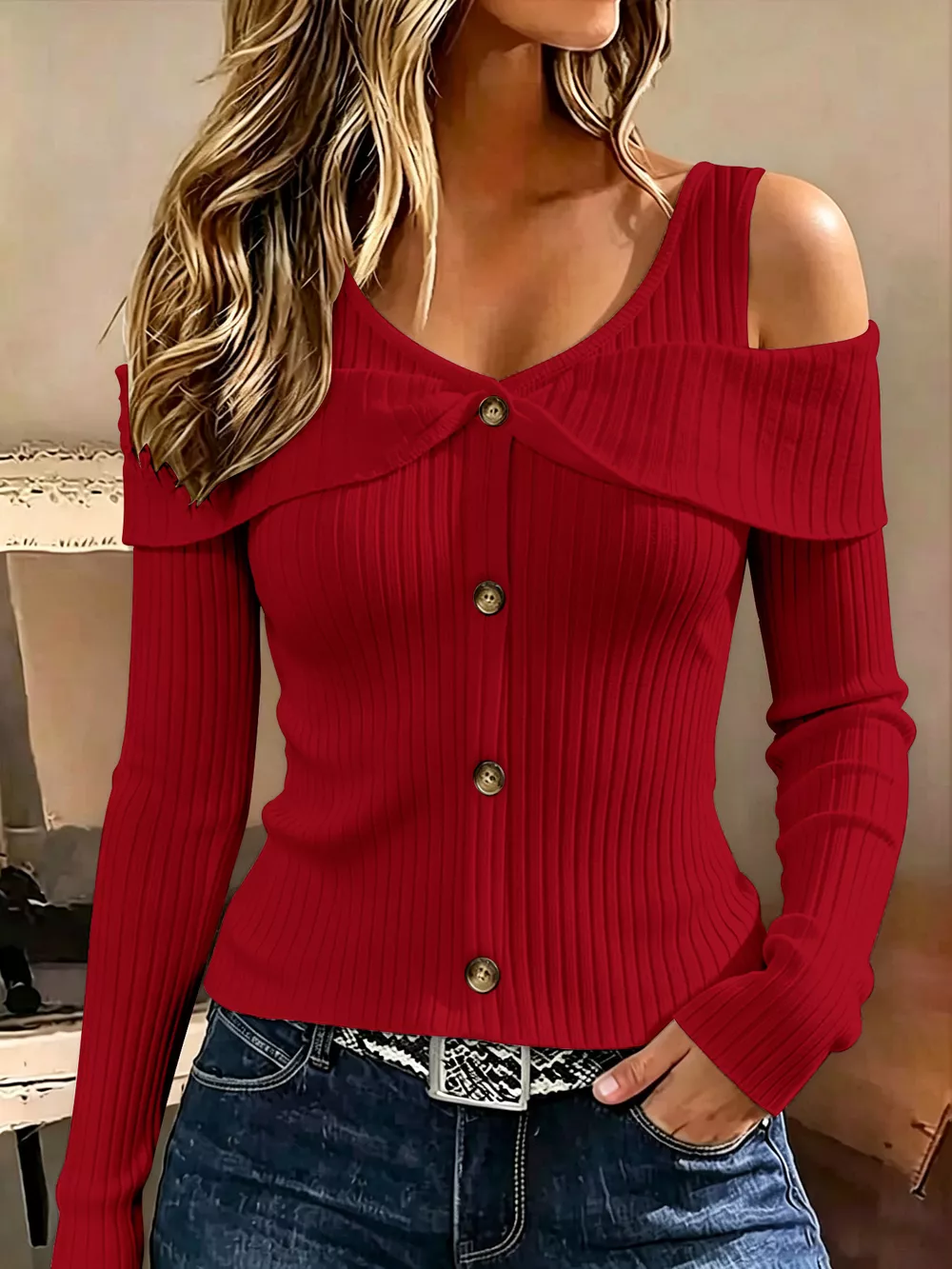 Cold Shoulder Ribbed Knit Top, image 19