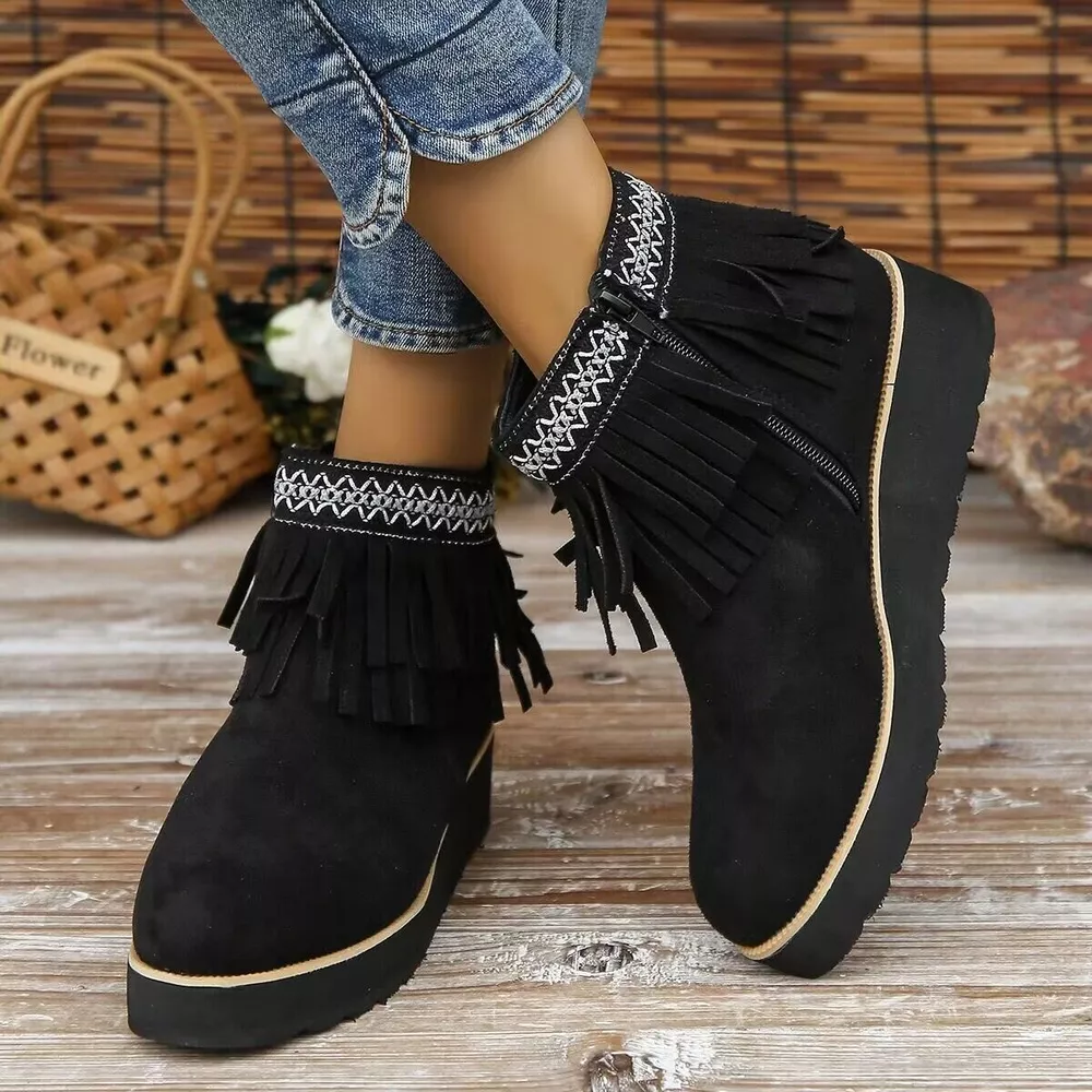 Fringe Round Toe Ankle Boots, image 2