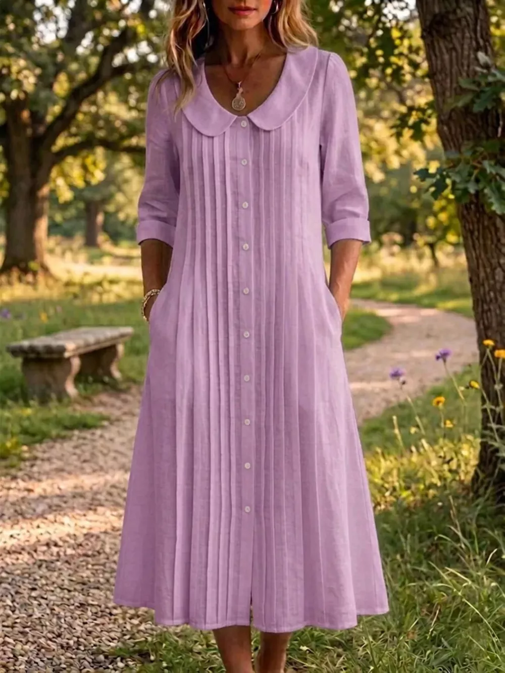 Full Size Peter Pan Collar Button Down Dress Plus Size, image 11