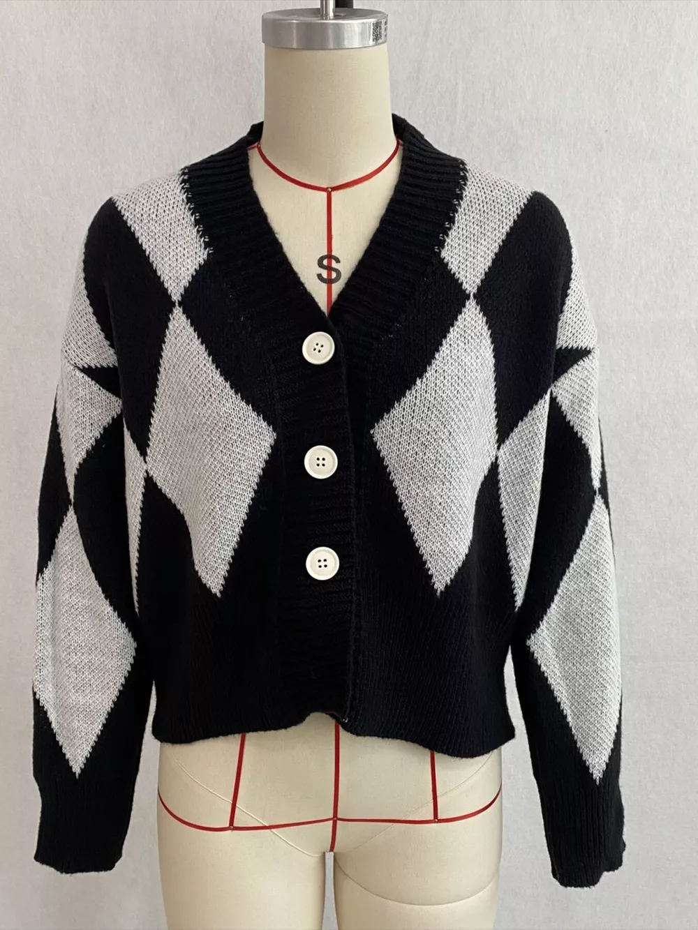 Argyle Pattern V-Neck Button-Down Cardigan, image 5