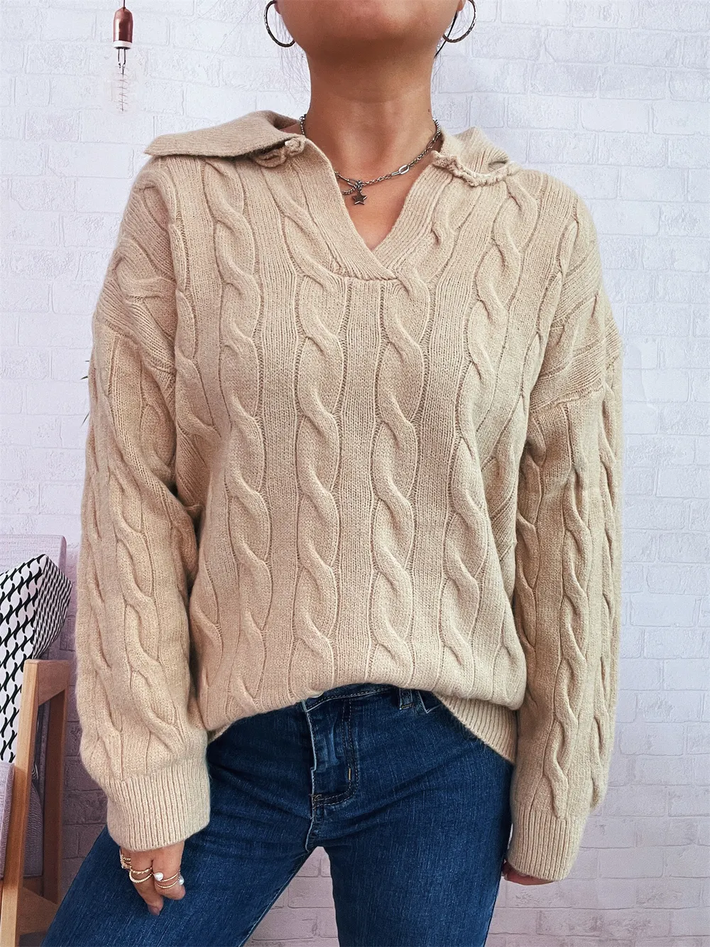 Cable Knit Johnny Collar Sweater, image 15