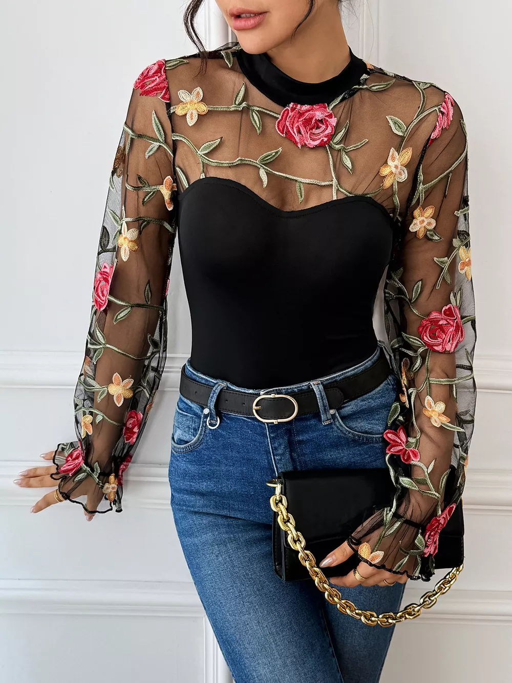 Floral Embroidered Mesh Long Sleeve Bodysuit, image 4