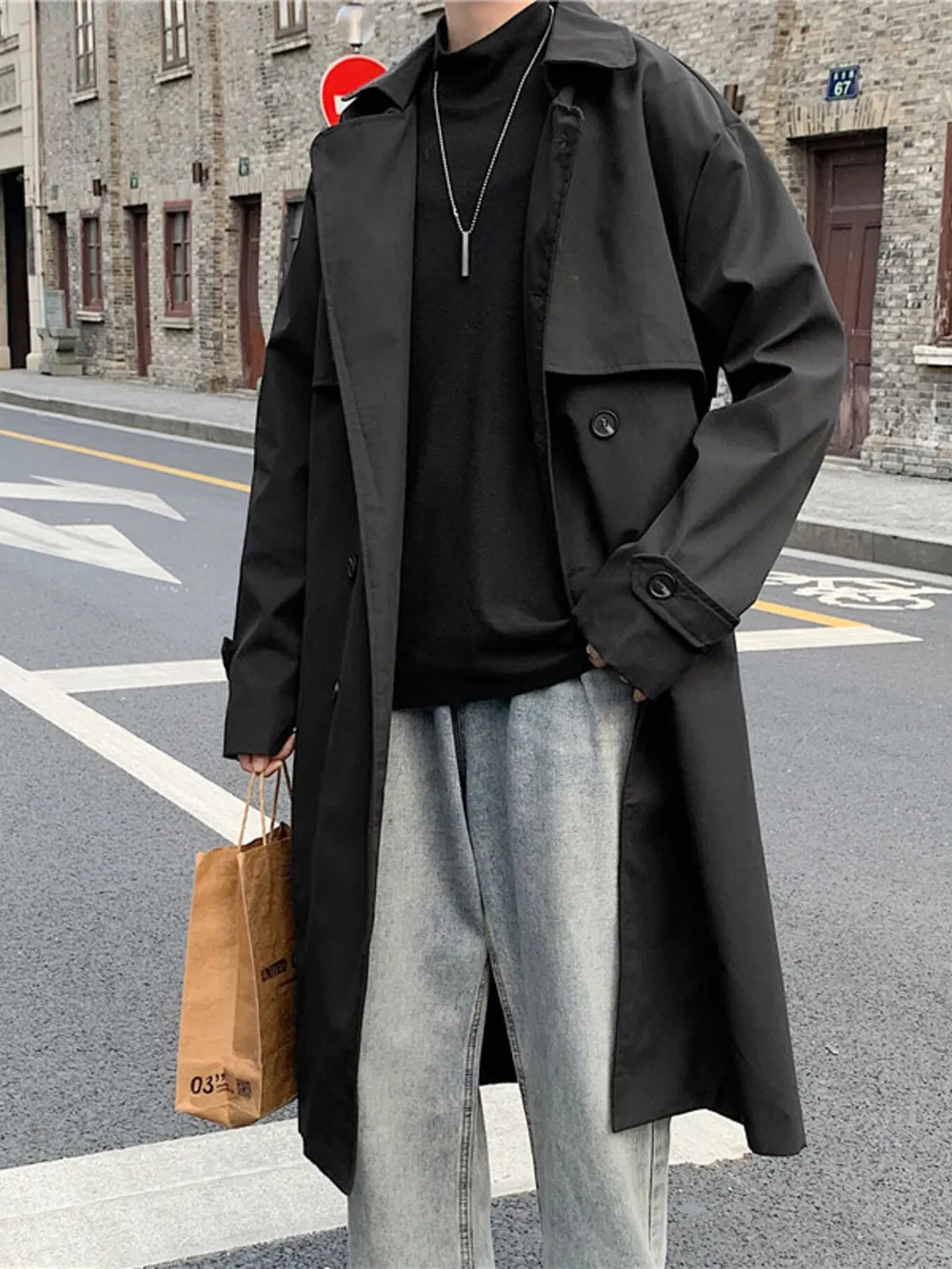 Men's Collared Neck Long Sleeve Double-Breasted Trench Coat, image 2