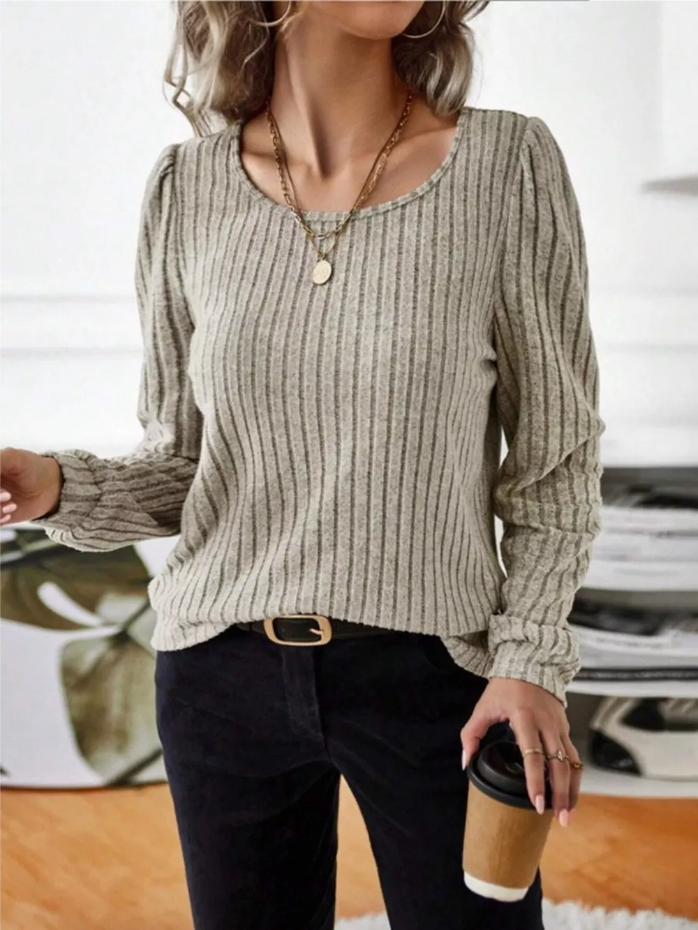 Ribbed Knit Long Sleeve T-Shirt, image 4