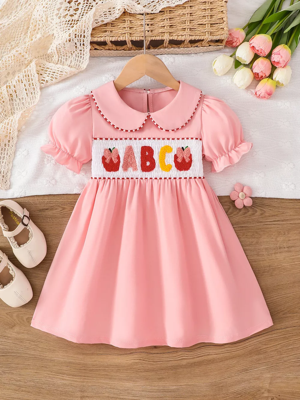Children's Smocked ABC Apple Embroidered Peter Pan Collar Dress