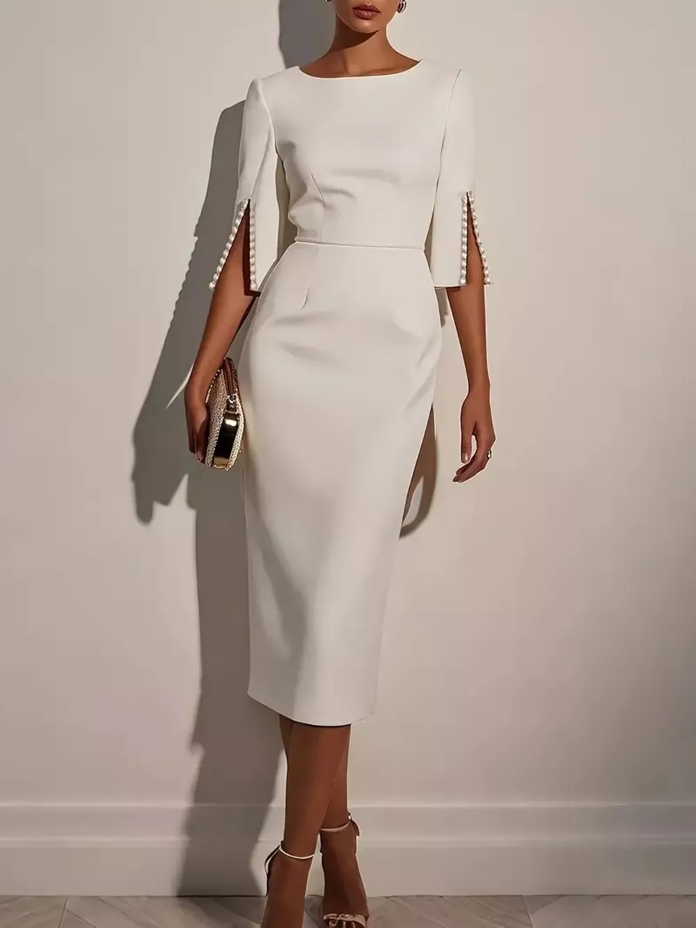 Slim-Fit Elegant Midi Dress with Beaded Slit Sleeve, image 7