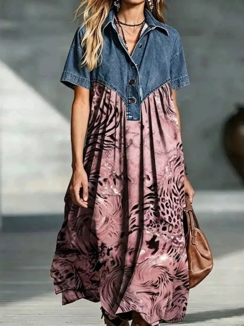 Full Size Denim Patchwork Printed Shirt Dress Plus Size, image 8