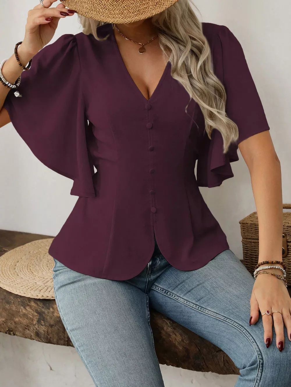 V-Neck Flutter Sleeve Blouse, image 17