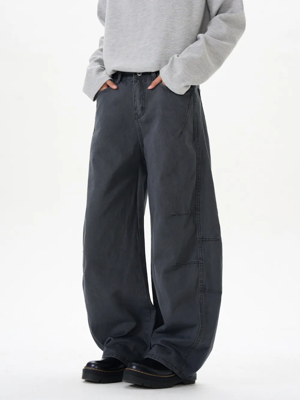 Men's Washed Wide Leg Curved Cargo Jeans, image 6