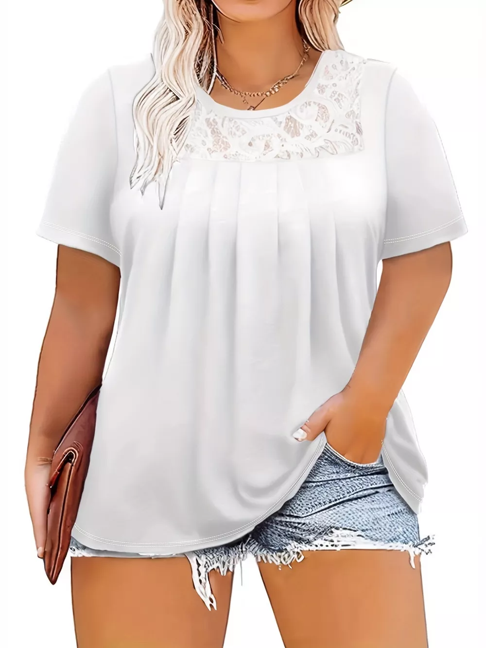 Plus Size Lace Detail Short Sleeve Top, image 4