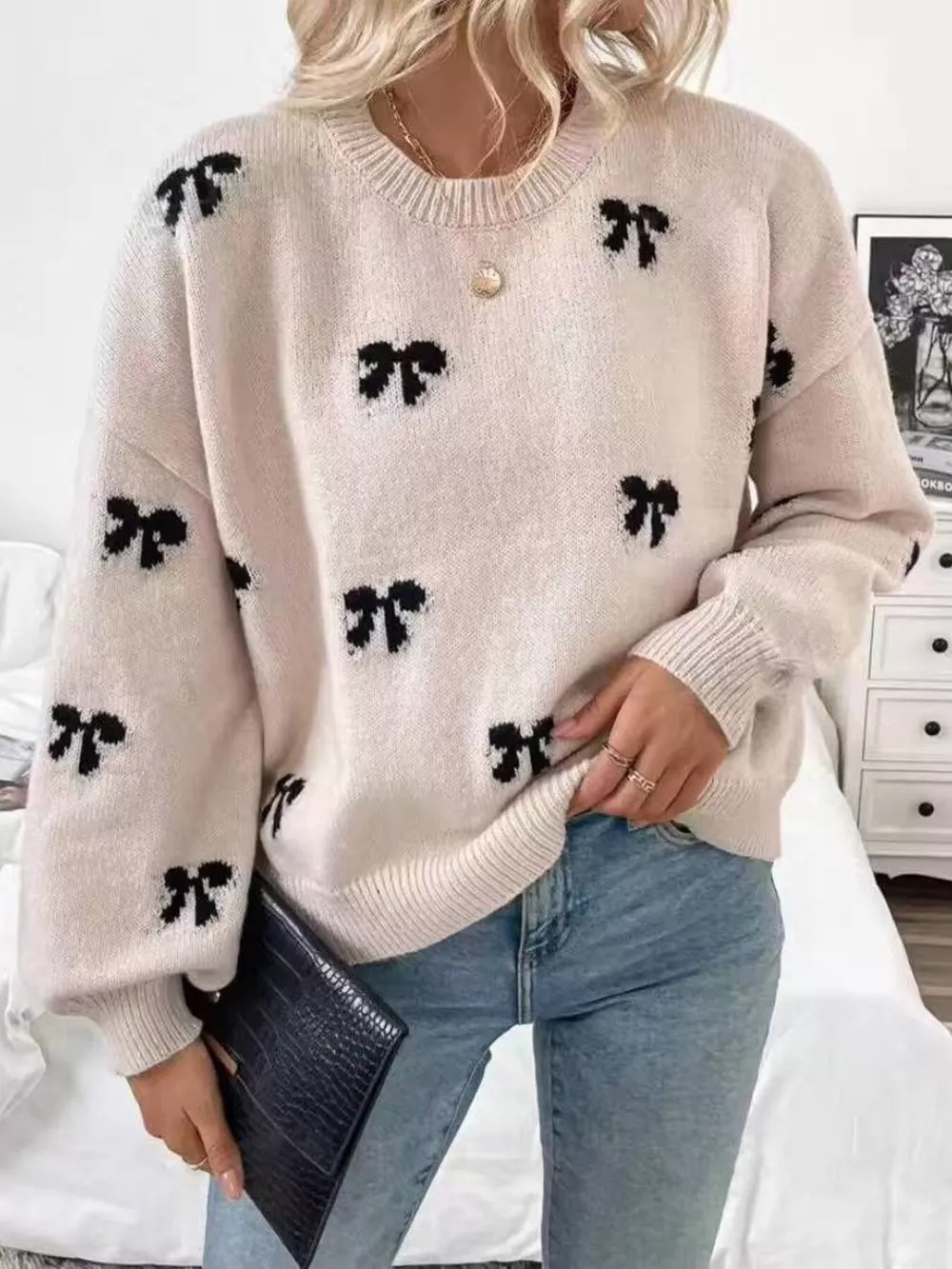 Bow Round Neck Dropped Shoulder Sweater, image 4
